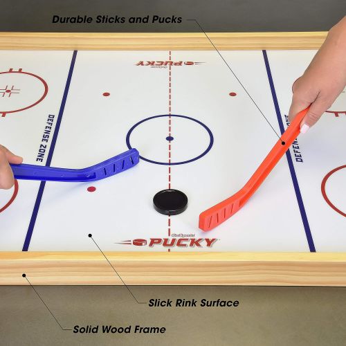  GoSports Hockey Ice Pucky Wooden Table Top Hockey Game for Kids & Adults - Includes 1 Game Board, 2 Hockey Sticks & 3 Pucks