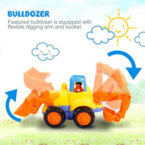  [아마존핫딜][아마존 핫딜] GoStock Friction Powered Cars Push and Go Construction Vehicles Toys Set of 4 Tractor,Bulldozer,Cement Mixer Truck,Dumper Push Back Cartoon Play for 1 2 3 Years Old Boys Toddlers K