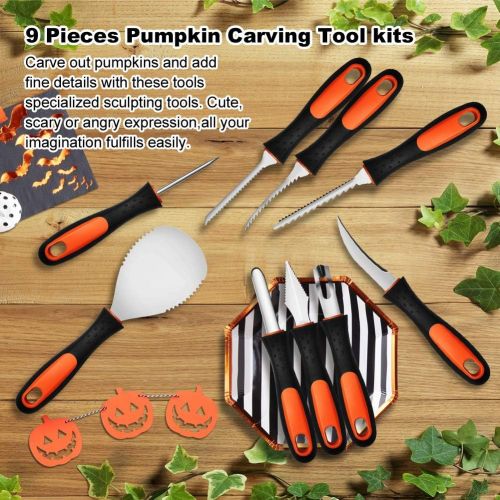  GoStock Pumpkin Carving Kit, Upgrade Soft Grip Rubber Handle 9 Pieces Pumpkin Carving Tools Set Heavy Duty Stainless Steel Masters Carving Kit with Zipper Bag for Halloween Jack-O-