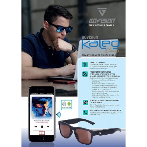  GoVision Kaleo Smart Bluetooth Speaker Sunglasses| Polarized Lenses| Water Resistant| Bluetooth 4.2| Compatible with All iPhone, Android Phones and Smart Devices| Open Ear Speaker