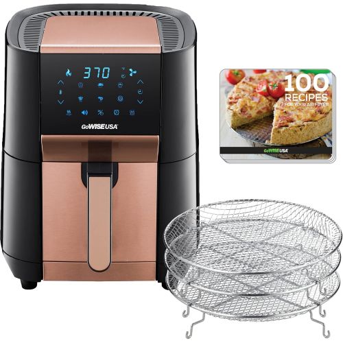  GoWISE USA 7-Quart Air Fryer & Dehydrator - with Ergonomic Touchscreen Display with Stackable Dehydrating Racks with Preheat & Broil Functions + 100 Recipes (Black/Copper))