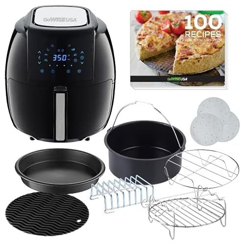  GoWISE USA GWAC22003 5.8-Quart Air Fryer with Accessories, 6 Pcs, (Black), Qt & GWA0006 Perforated Parchment Non-Stick Liners for Air Fryers, Steaming, Dumplings-100 Pcs, 9 Inches,