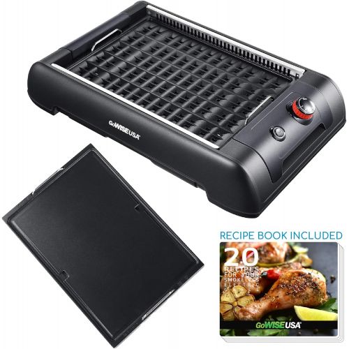  [아마존베스트]GoWISE USA GW88000 2-in-1 Smokeless Indoor Grill and Griddle with Interchangeable Plates and Removable Drip Pan + 20 Recipes (Black), Large