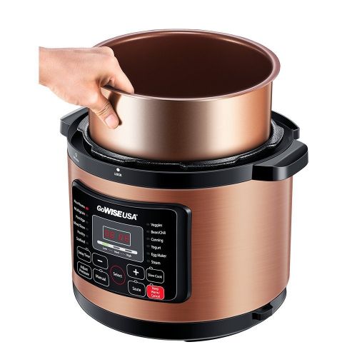  GoWISE USA 12-in-1 Electric Pressure Cooker + 50 Recipes for your Pressure Cooker Book with Measuring Cup, Stainless Steel Rack and Basket, Spoon (8-QT, Copper)