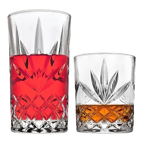  Godinger Mixed Drinkware Set of 8, 4 Highballs Tall Drinking Glasses, 4 Old Fashioned Whiskey Glasses, Glassware Set, Crystal Glass Cups