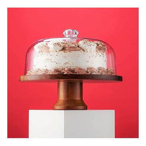  Godinger Footed Cake Plate, Acacia Wood and Shaterproof Acrylic Lid, Cake Stand with Dome