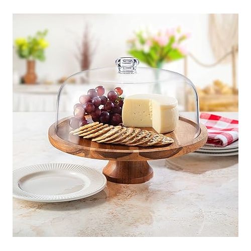  Godinger Footed Cake Plate, Acacia Wood and Shaterproof Acrylic Lid, Cake Stand with Dome