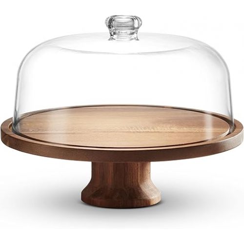  Godinger Footed Cake Plate, Acacia Wood and Shaterproof Acrylic Lid, Cake Stand with Dome