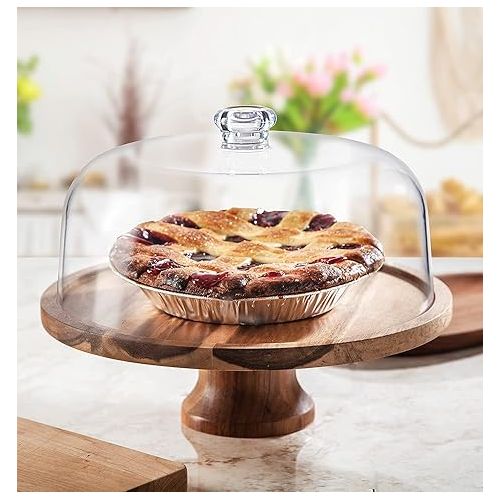  Godinger Footed Cake Plate, Acacia Wood and Shaterproof Acrylic Lid, Cake Stand with Dome