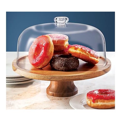  Godinger Footed Cake Plate, Acacia Wood and Shaterproof Acrylic Lid, Cake Stand with Dome