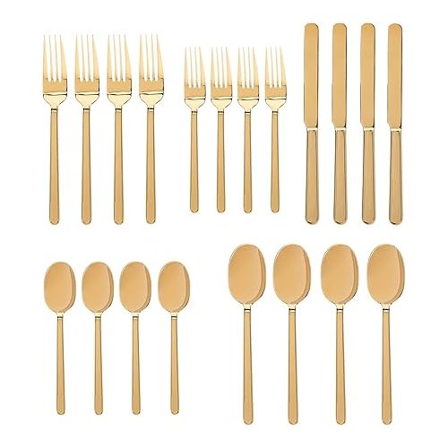  Godinger 20 Piece Flatware Set with 4 Dinner Forks, 4 Salad Forks, 4 Tablespoons, 4 Teaspoons and Knifes, 18/0 Stainless Steel Rail Gold, Set of 4