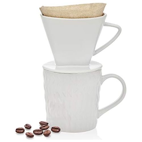  [아마존베스트]Godinger Pour Over Coffee Maker Dripper and Coffee Mug Brew Set, Bone China - 14oz