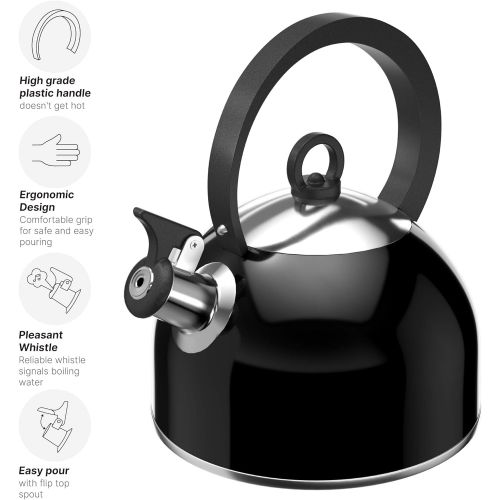  [아마존베스트]Godinger Studio Hot Water Tea Kettle, Stainless Steel Tea Pot with Whistle - 2.5L, Black