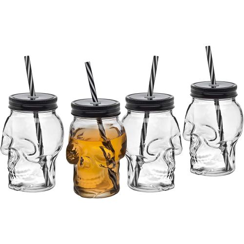  [아마존베스트]Godinger Skull Mason Jar Mug Glass Tumbler Cup with Cover and Straw - 16oz, Set of 4