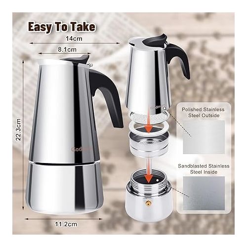  Godmorn Stovetop Espresso Maker, Moka Pot, Italian Coffee Maker 450ml/15oz/9 cup (espresso cup=50m), Classic Cafe Percolator Maker, Stainless Steel, Suitable for Induction Cookers