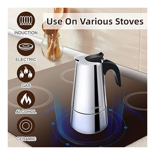  Godmorn Stovetop Espresso Maker, Moka Pot, Percolator Italian Coffee Maker, 300ml/10oz/6 cup (espresso cup=50ml), Classic Cafe Maker, stainless steel, suitable for induction cookers