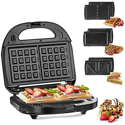  Waffeleisen, Godmorn 4IN1 Sandwichmaker, Waffelautomat, Waffel Maker, Sandwich-Toaster, Panini-Maschine, Donut-Herstellungsmaschine, Antihaft-Platte, 750W, Automatische Temperaturr