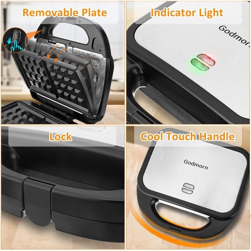  Waffeleisen, Godmorn 4IN1 Sandwichmaker, Waffelautomat, Waffel Maker, Sandwich-Toaster, Panini-Maschine, Donut-Herstellungsmaschine, Antihaft-Platte, 750W, Automatische Temperaturr