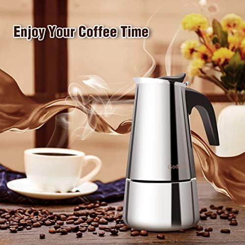  Espressokocher, Kaffeekocher, Godmorn Stovetop Espresso Maker, Moka Pot: Klassischer Cafe Maker aus 430 Edelstahl, fuer 4 Tassen（200 ml）, fuer Induktions-Herde geeignet (Espresso-Koc