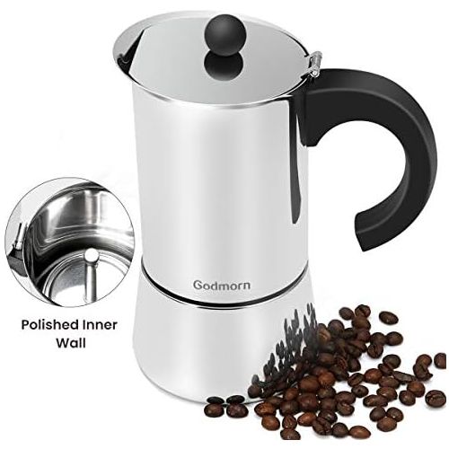  Espressokocher, Edelstahl Kaffeekocher, Godmorn Stovetop Espresso Maker: Klassischer Cafe Maker aus 430 Edelstahl, fuer 6 Tassen（300 ml）, fuer Induktions-Herde geeignet (Espresso-Koc