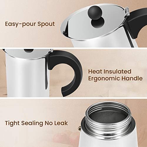  Espressokocher, Edelstahl Kaffeekocher, Godmorn Stovetop Espresso Maker: Klassischer Cafe Maker aus 430 Edelstahl, fuer 6 Tassen（300 ml）, fuer Induktions-Herde geeignet (Espresso-Koc