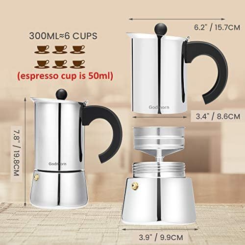  Espressokocher, Edelstahl Kaffeekocher, Godmorn Stovetop Espresso Maker: Klassischer Cafe Maker aus 430 Edelstahl, fuer 6 Tassen（300 ml）, fuer Induktions-Herde geeignet (Espresso-Koc