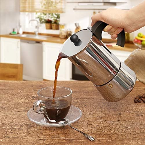  Espressokocher, Edelstahl Kaffeekocher, Godmorn Stovetop Espresso Maker: Klassischer Cafe Maker aus 430 Edelstahl, fuer 6 Tassen（300 ml）, fuer Induktions-Herde geeignet (Espresso-Koc