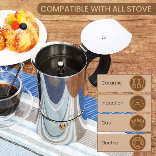  Espressokocher, Edelstahl Kaffeekocher, Godmorn Stovetop Espresso Maker: Klassischer Cafe Maker aus 430 Edelstahl, fuer 6 Tassen（300 ml）, fuer Induktions-Herde geeignet (Espresso-Koc