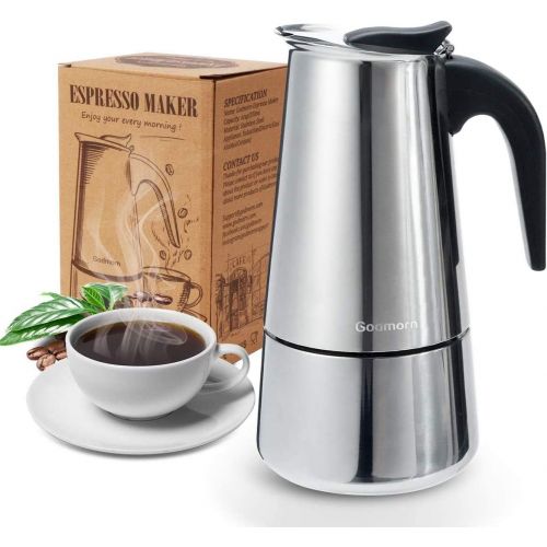  Godmorn Espresso Maker Coffee Maker 430 Stainless Steel Mocha Pot Espresso Maker for 4/6/10 Cups Stovetop Coffee Maker Suitable for Induction Cookers, 200ml