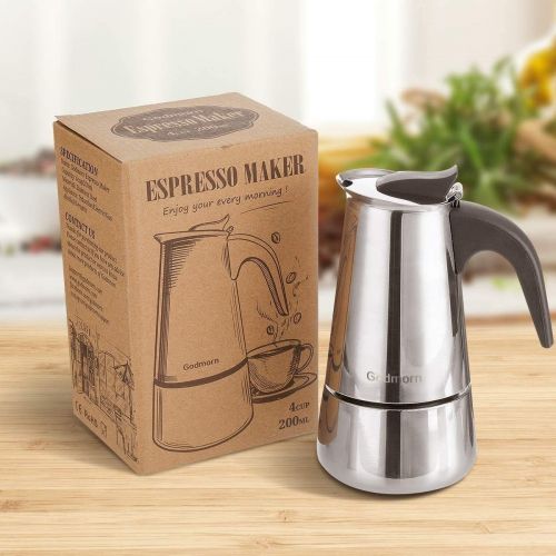  Godmorn Espresso Maker Coffee Maker 430 Stainless Steel Mocha Pot Espresso Maker for 4/6/10 Cups Stovetop Coffee Maker Suitable for Induction Cookers, 200ml