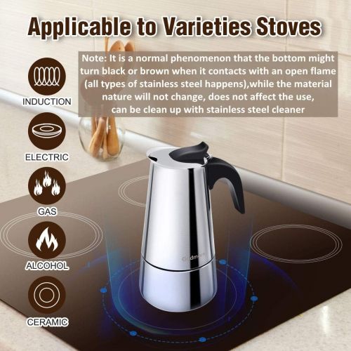  Godmorn Espresso Maker Coffee Maker 430 Stainless Steel Mocha Pot Espresso Maker for 4/6/10 Cups Stovetop Coffee Maker Suitable for Induction Cookers, 200ml