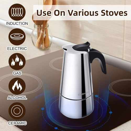  Godmorn Stovetop Espresso Maker, Moka Pot, Percolator Italian Coffee Maker, 300ml/10oz/6 cup (espresso cup=50ml), Classic Cafe Maker, stainless steel , suitable for induction cooke
