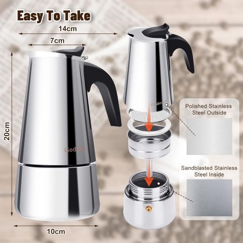  Godmorn Stovetop Espresso Maker, Moka Pot, Percolator Italian Coffee Maker, 300ml/10oz/6 cup (espresso cup=50ml), Classic Cafe Maker, stainless steel , suitable for induction cooke