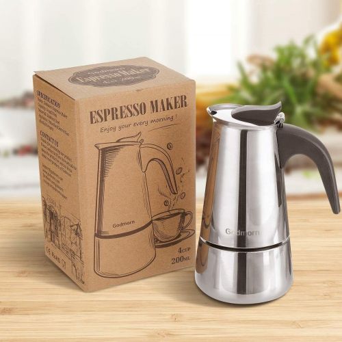  [아마존베스트]Godmorn Espresso Maker Coffee Maker 430 Stainless Steel Mocha Pot Espresso Maker for 4/6/10 Cups Stovetop Coffee Maker Suitable for Induction Cookers, 200ml