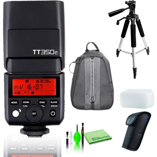  Godox TT350F Mini Thinklite TTL Flash for Fujifilm Cameras Includes Padded Backpack for Cameras and Extras, Cleaning Kit, and Full Tripod