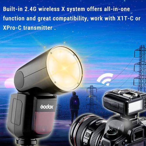  Godox V1-C Round Head Camera Flash Speedlite Compatible for Canon, 76Ws TTL 2.4G X Wireless 1/8000S HSS Flash for Canon, 2600mAh Lithimu Battery with 1.5s Recycle Time, 10 Level LE