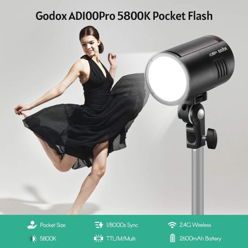  GODOX AD100Pro Pocket Studio Flash Light Photography Light OLED Screen 5800K 1/8000s Sync TTL/Multi/M Flash Built-in 2.4G Wilreless X System 5 Groups 32 Channels with Rechargeable