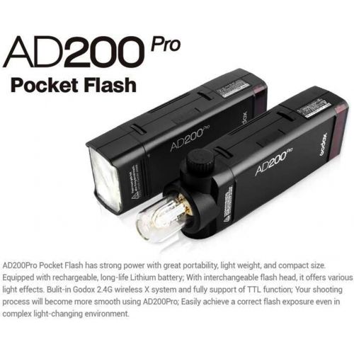  Godox AD200Pro 200Ws TTL 2.4G HSS 1/8000s Pocket Flash Speedlite with 2900mAh Lithium Battery, 0.1-1.8s Recycle Time, 480 Full Power Flashes for Canon Nikon Sony DSLR Camera + CEAR