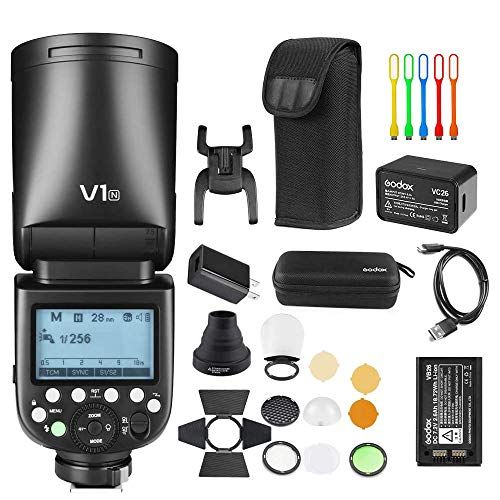  Godox V1-N I-TTL Flash Speedlite, 76Ws 2.4G High-Speed Sync 1/8000s 2600mAh Li-ion Battery Round Head Camera Speedlight with Godox AK-R1 Accessories Kit Compatible for Nikon Camera