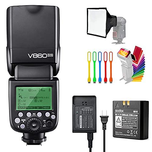  Godox V860II-N I-TTL GN60 2.4G High-Speed Sync 1/8000s Li-ion Battery Camera Flash Speedlite Speedlight Compatible for Nikon Cameras with 15x17cm Softbox & Filter & USB LED