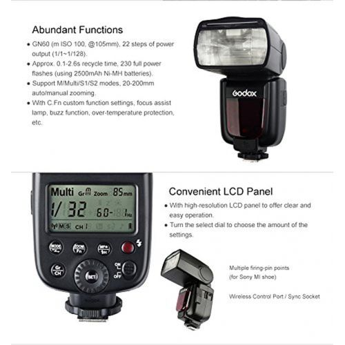  Godox TT600S GN60 2.4G Wireless X System Speedlite Flash for Sony Camera,0.1-2.6s Recycle time,5600k±200k Color Temperature,32 Channel,230 Full Power Flashes,Compatible for AD360II