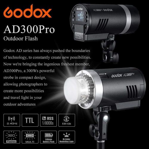  Godox AD300Pro AD300 Pro TTL Studio Flash 300Ws 2.4G HSS 1 / 8000s Outdoor Strobe with 2600mAh Lithium Battery,320 Full Power Flashes Compatible for Nikon Canon Sony Fuji Olympus P