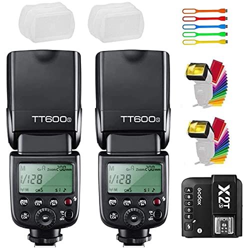  Godox TT600S 2PCS Flash Speedlite High-Speed Sync 1/8000s 2.4G GN60 Master Slave Off Speedlight with X2T-S Wireless Trigger Transmitter Compatible for Sony Cameras &2xDiffuers,2xFi