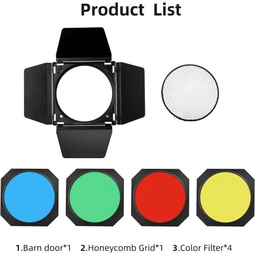  [아마존베스트]Godox BD-04 Barn Door & Honeycomb Grid &4 Color Gel Filters Compatible for Standard Reflectors Accessories kit