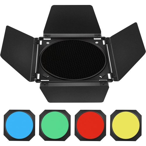  [아마존베스트]Godox BD-04 Barn Door & Honeycomb Grid &4 Color Gel Filters Compatible for Standard Reflectors Accessories kit