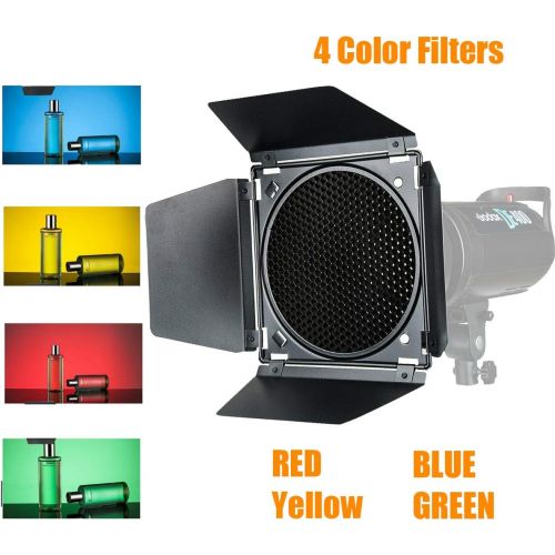  [아마존베스트]Godox BD-04 Barn Door with Honeycomb Grid and 4 Color Gel Filters(Red Yellow Blue Green) Compatible for Godox 7 Standard Reflectors for AD600B/AD600BM/AD600Pro/SL60W/SL150W/SL200W/