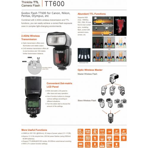  [아마존베스트]Godox TT600 Speedlite Flash with Built-in 2.4G Wireless Transmission for Canon, Nikon, Pentax, Olympus and Other Digital Cameras with Standard Hotshoe