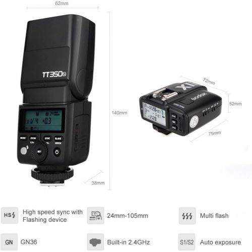  Godox 2X TT350N 2.4G HSS 18000s TTL GN36 Flash Speedlite with X1T-N Wireless Trigger Transmitter Compatible for Nikon Camera