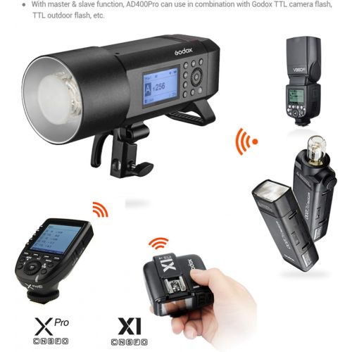  Godox AD400Pro 400Ws 2.4G Wireless TTL Speedlite with 18000s High Speed Sync, Built-in 2600mAh Lithium Battery, 0.01 to 1s Fast Recycle Time, 390 Full Power Flashes, 30W LED Model