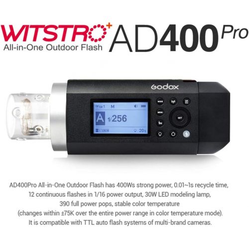  Godox AD400Pro 400Ws 2.4G Wireless TTL Speedlite with 18000s High Speed Sync, Built-in 2600mAh Lithium Battery, 0.01 to 1s Fast Recycle Time, 390 Full Power Flashes, 30W LED Model